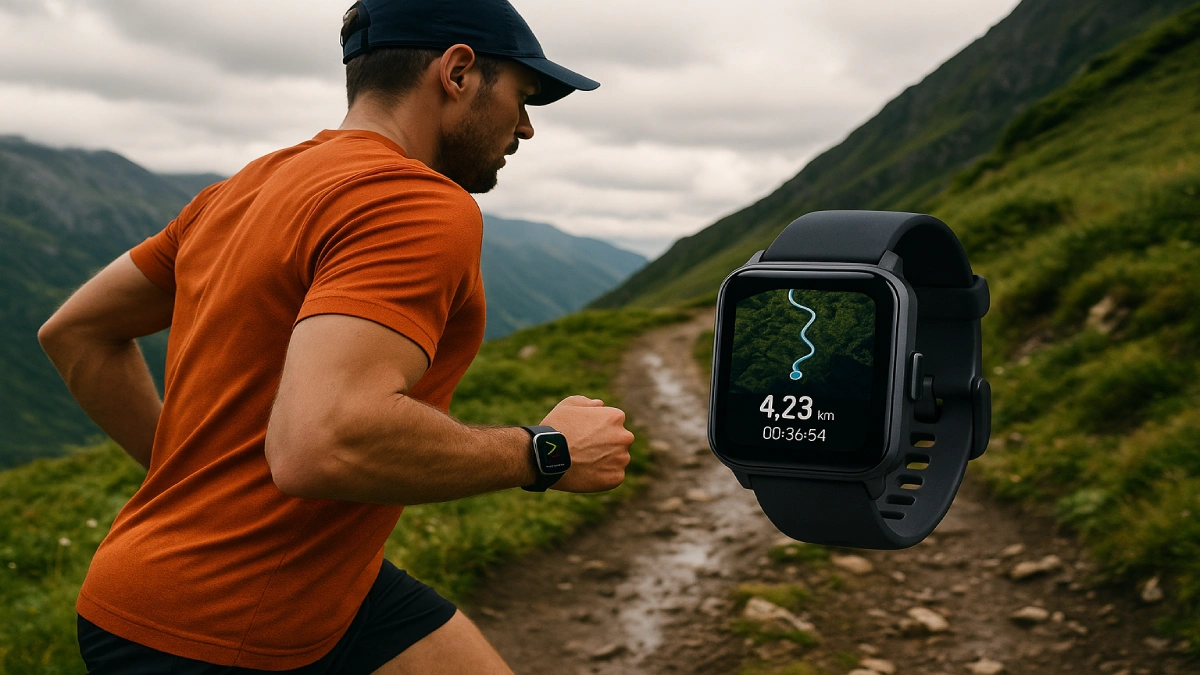 Alergător pe munte purtând un ceas sportiv cu GPS pentru trail running