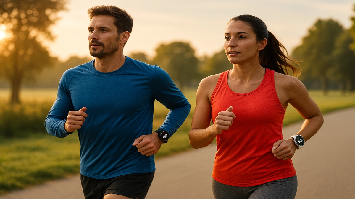 Doi alergători purtând ceasuri sportive în timpul unei alergări la răsărit