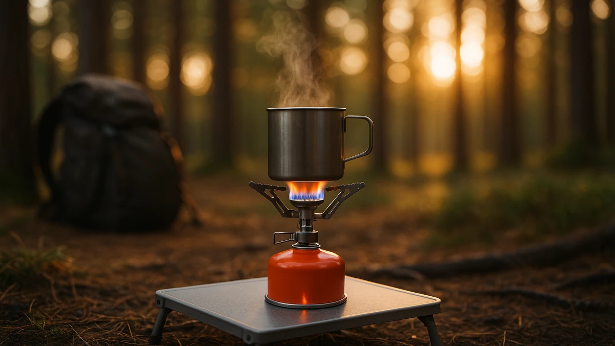 Arzător de camping pe masă, cu cană metalică și flacără aprinsă într-o pădure la apus