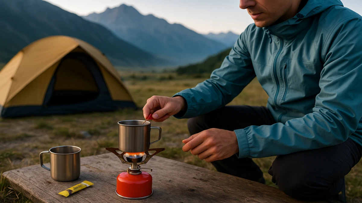 Camper pregătind cafeaua pe un arzător de camping lângă cort, într-un peisaj montan la răsărit