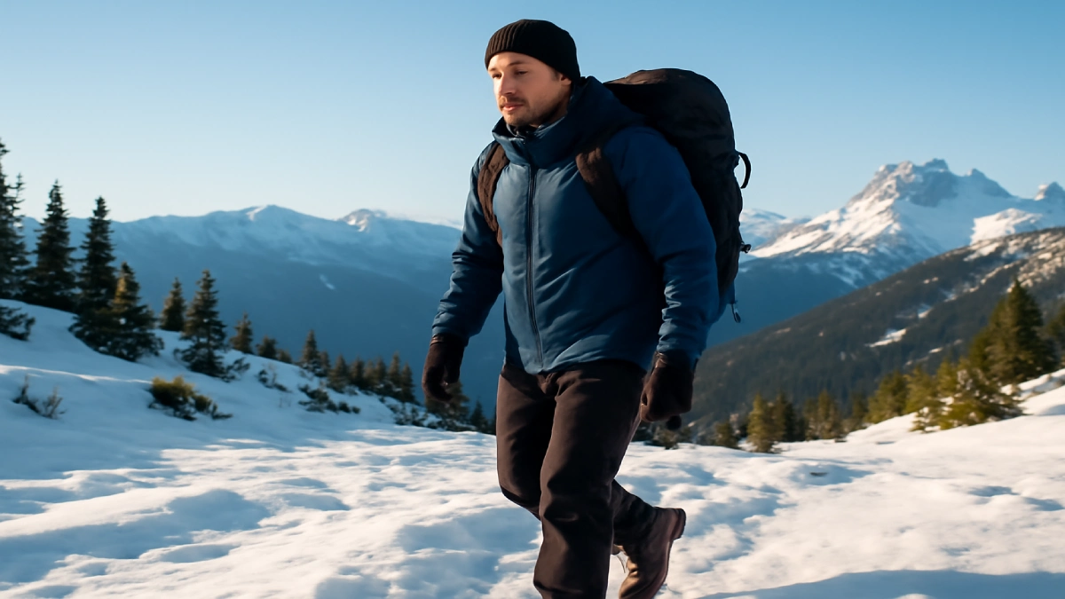 Bărbat în echipament de iarnă pe un traseu montan acoperit cu zăpadă