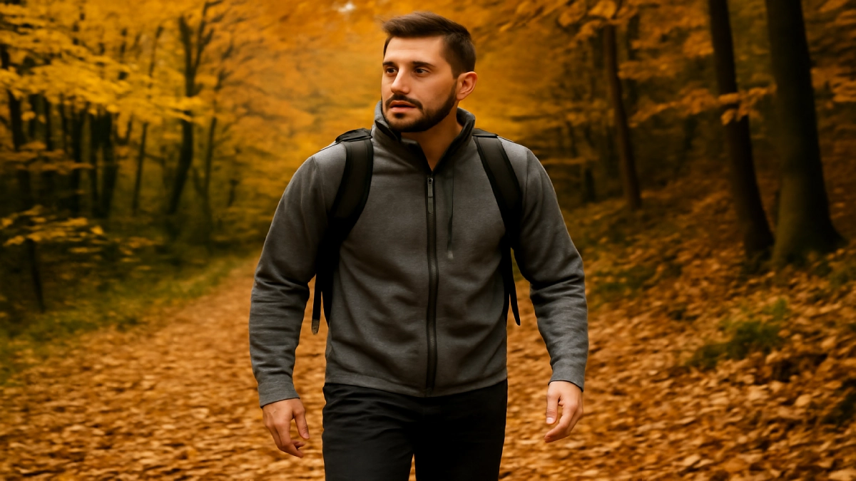 Bărbat în jachetă gri pe un traseu montan, într-o pădure de toamnă