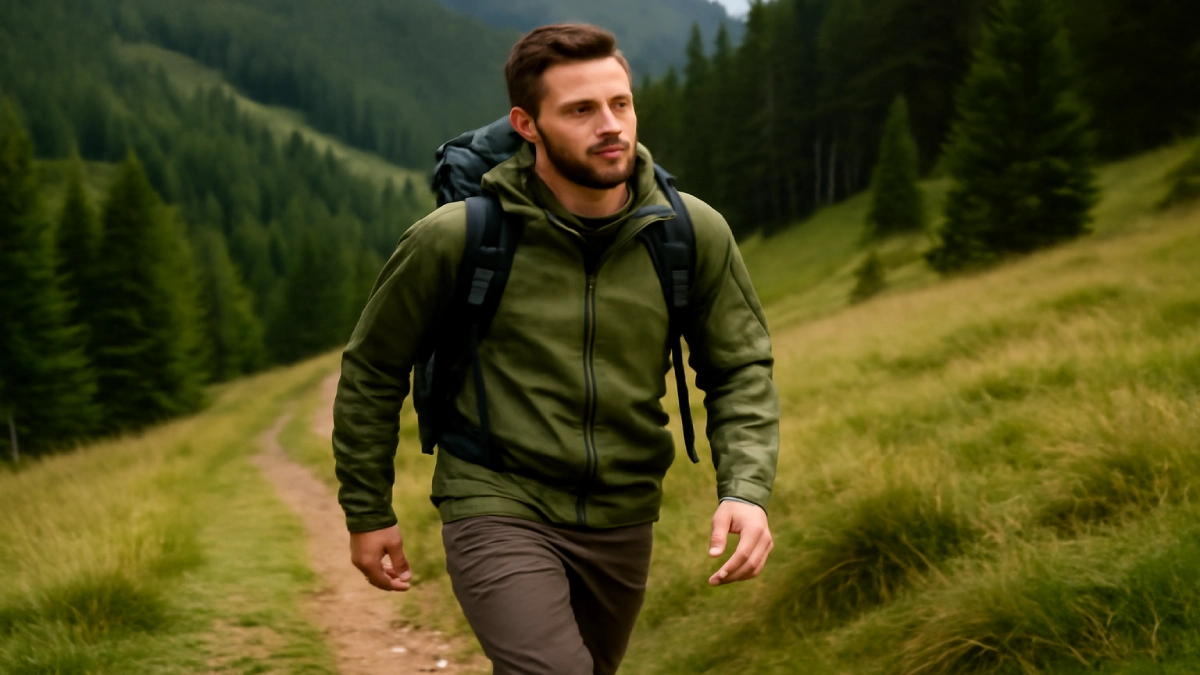 Bărbat pe un drum de munte, îmbrăcat într-o geacă verde și pantaloni de drumeție gri