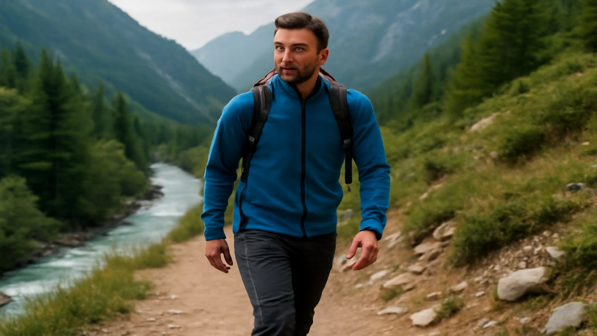 Bărbat în jachetă albastră pe un traseu montan cu rucsac, alături de un râu