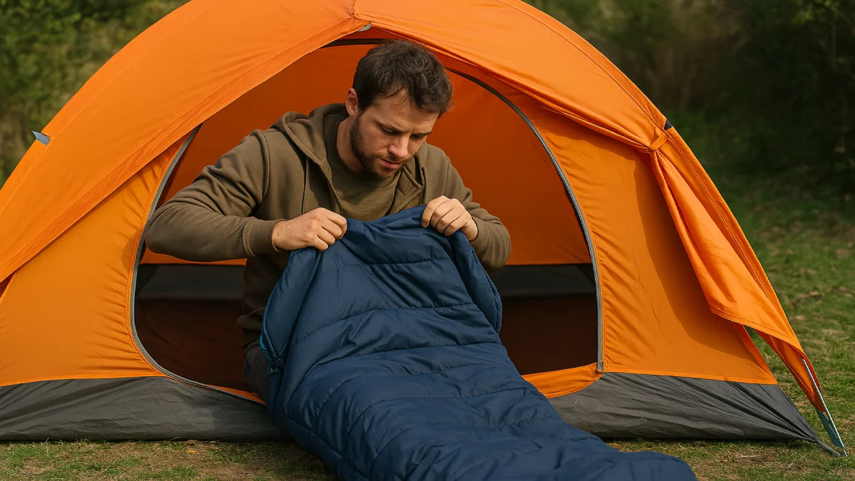 Bărbat într-un cort de camping pregătindu-se să intre într-un sac de dormit albastru, în natură.