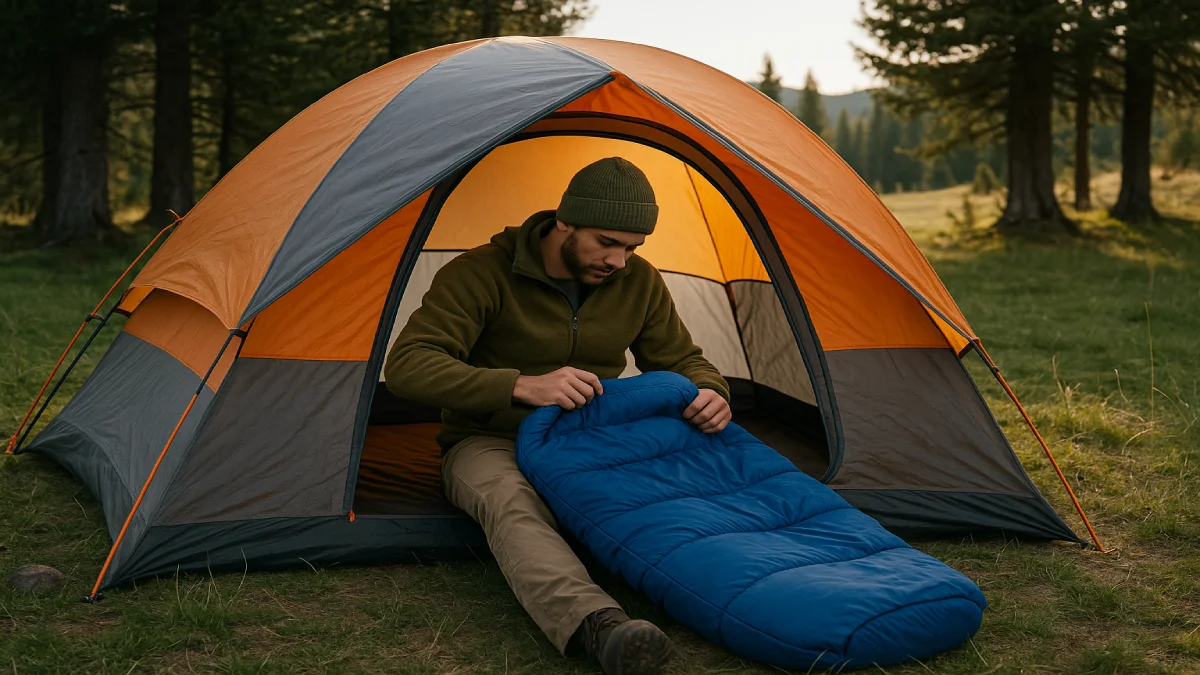 Bărbat într-un cort de camping, pregătind un sac de dormit albastru, într-un cadru natural.