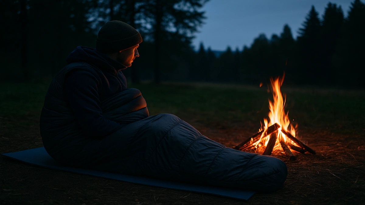 Bărbat într-un sac de dormit lângă un foc de tabără, într-o poiană, la lăsarea serii.