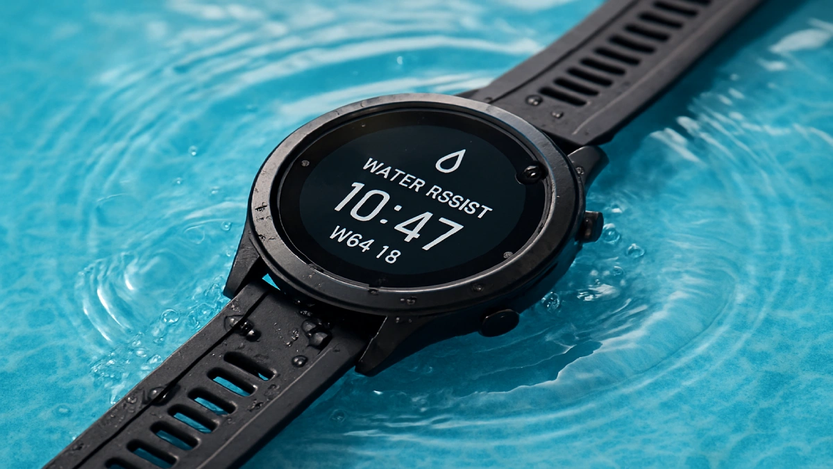 Ceas sportiv rezistent la apă, fotografiat într-o piscină