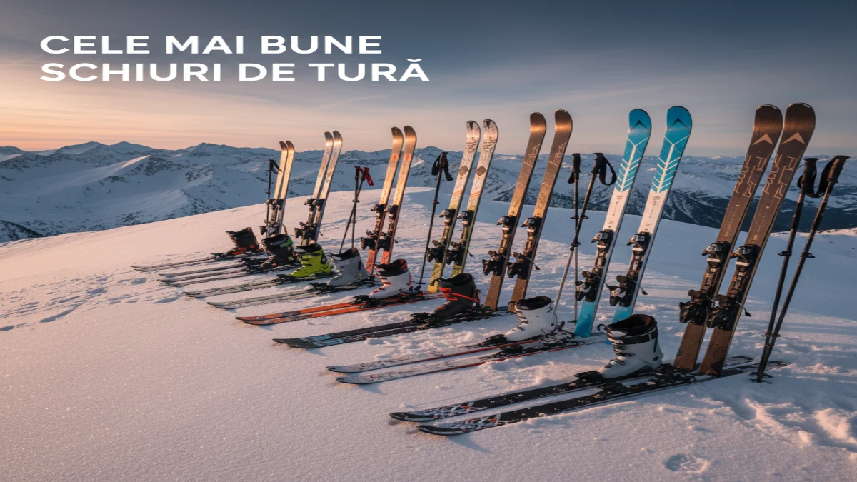 Schiuri de tură aliniate pe o creastă montană, pregătite pentru coborâre în condiții de iarnă