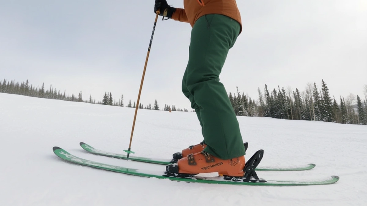 Clăpari ski purtați corect, cu schior în poziție echilibrată pe schiuri