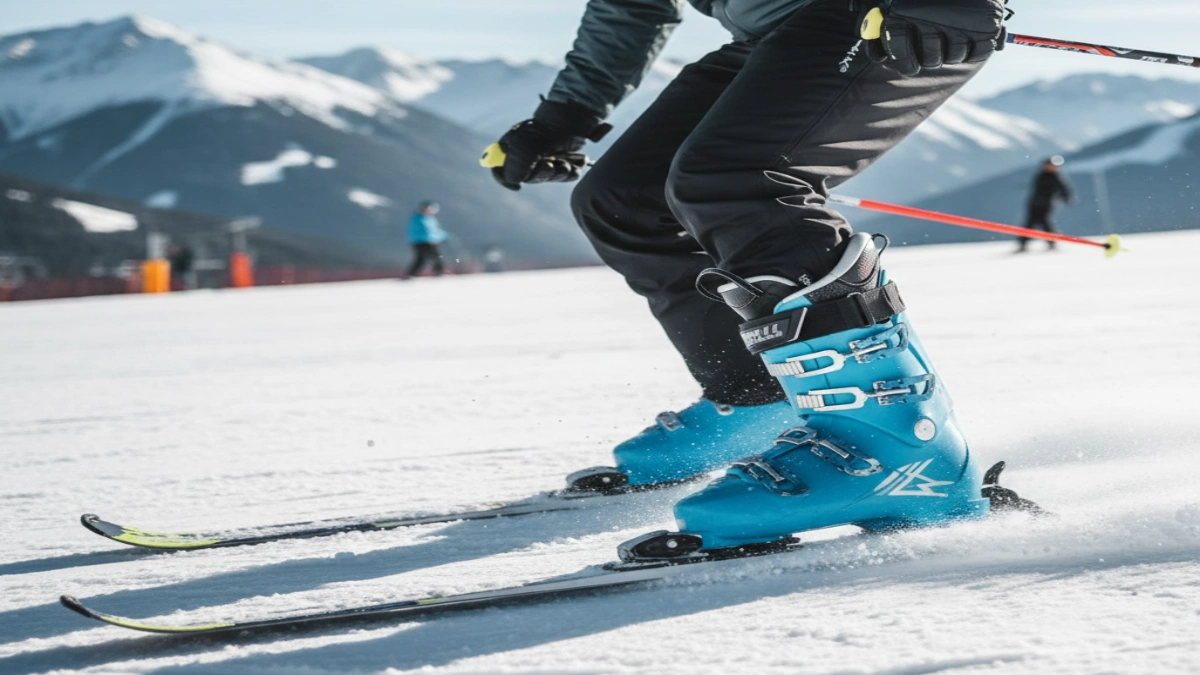 Clăpari ski albaștri fixați în legături, în timpul schiatului pe pârtie amenajată