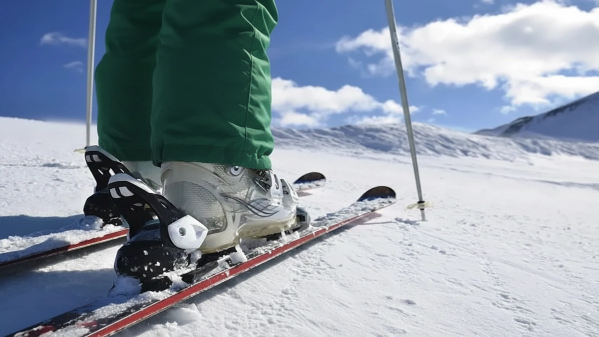 Clăpari ski fixați pe schiuri, în poziție corectă, pe zăpadă