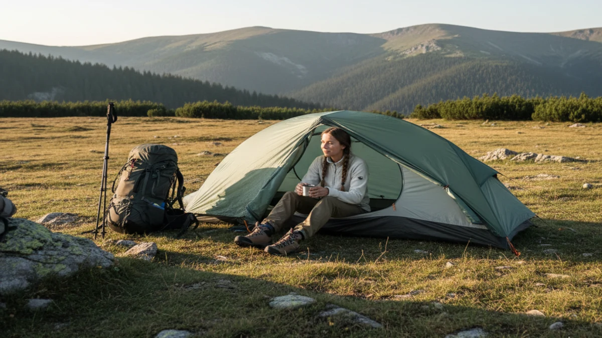 cort de rucsac pentru două persoane montat în zonă montană, cu drumeață la interior