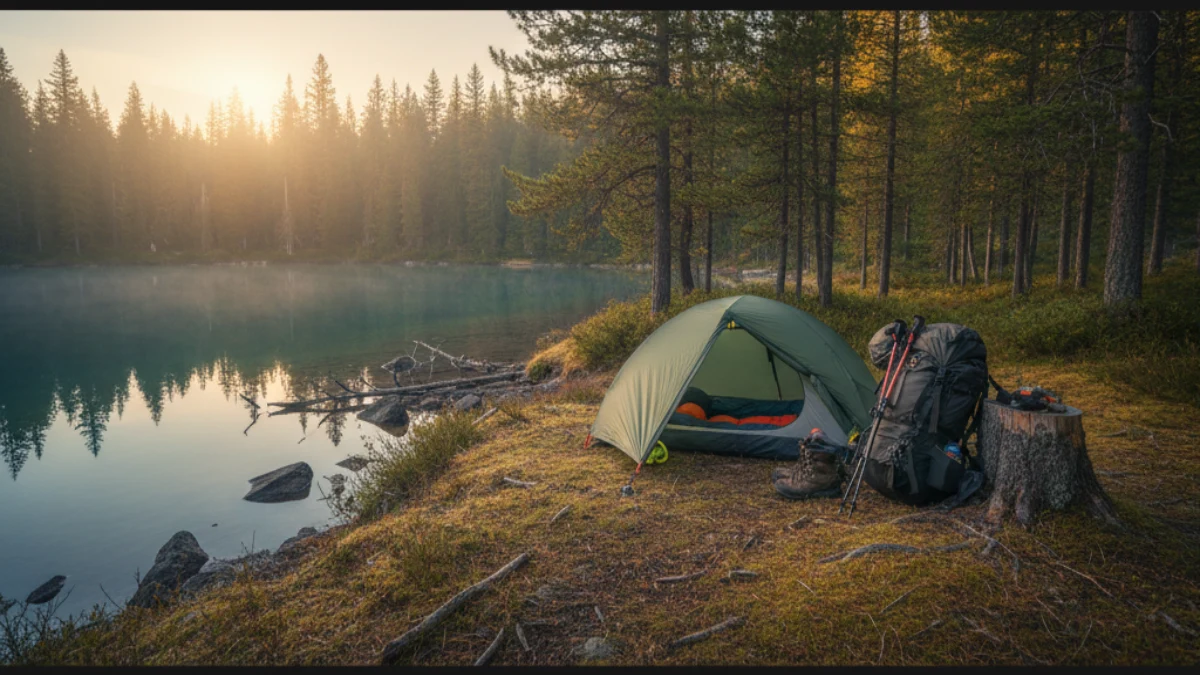 cort de rucsac montat lângă un lac într-o zonă de camping sălbatic