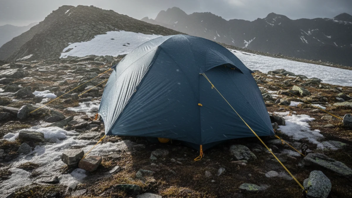 cort de rucsac bine ancorat pe teren stâncos, în condiții meteo dificile