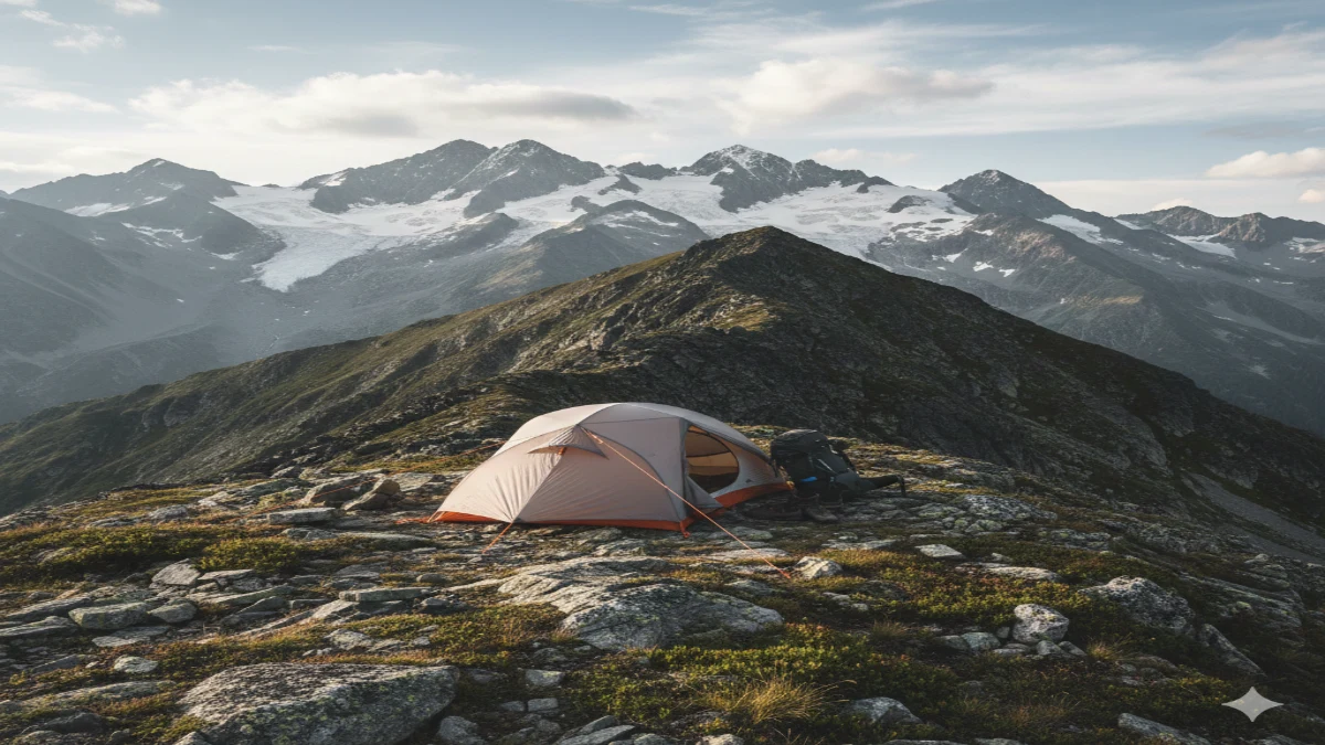 cort de rucsac montat pe creastă montană într-o zonă alpină