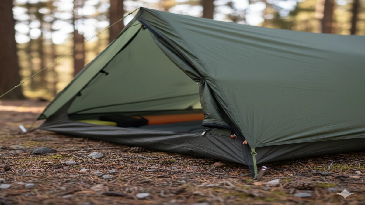 cort ultraușor de rucsac montat în pădure, cu structură compactă