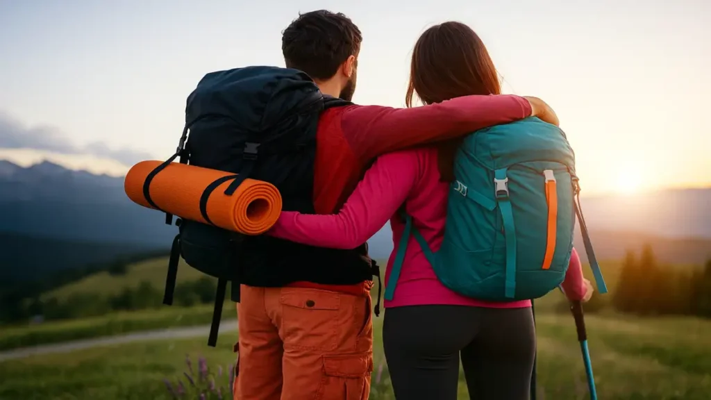 Cuplu de drumeți privind apusul pe un traseu montan, cu rucsacuri colorate