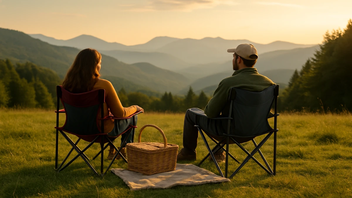 Cuplu așezat pe scaune de picnic într-o poiană la apus, cu vedere spre munți