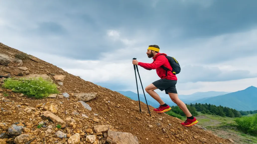 Drumeț echipat urcând un versant abrupt folosind bețe de trekking