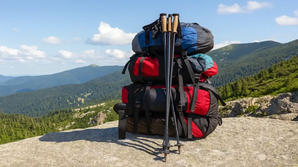 Rucsac mare de drumeție cu bețe de trekking pe un platou montan