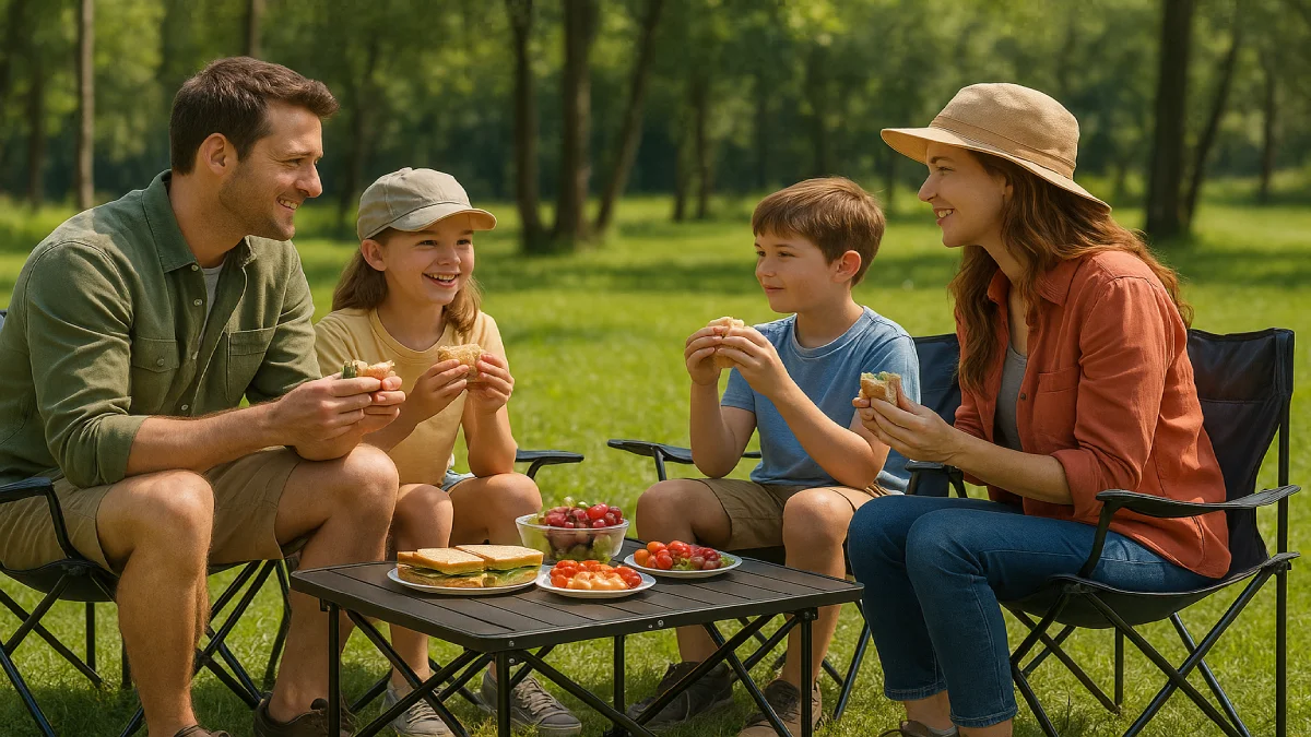 Familie așezată pe scaune pliante la picnic, mâncând sandvișuri într-un parc verde