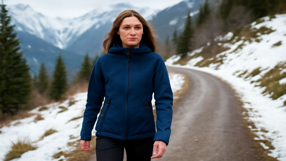 Femeie cu jachetă softshell albastră pe traseu montan.
