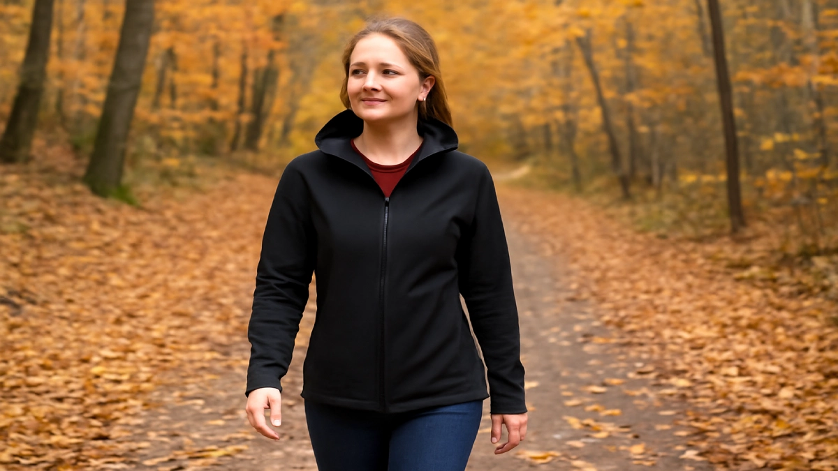 Femeie purtând jachetă softshell neagră pe drum forestier în toamnă.