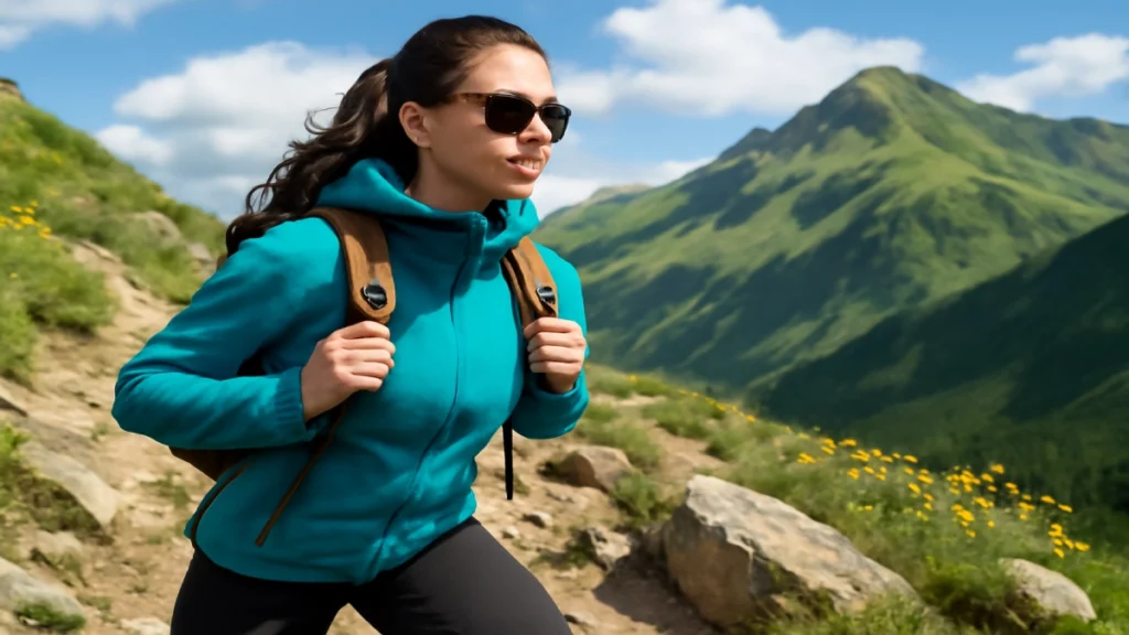 Femeie zâmbitoare pe traseu montan, îmbrăcată într-o jachetă softshell verde.