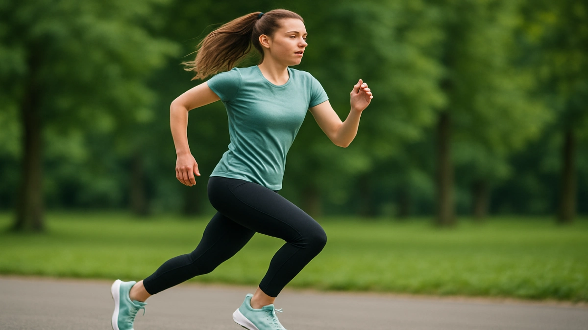 Femeie tânără alergând într-un parc, purtând pantofi de alergare în culori deschise.