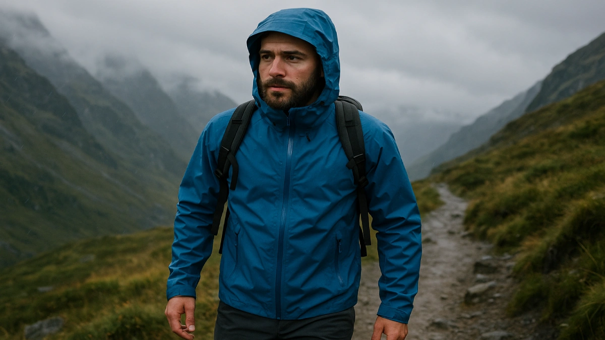 bărbat purtând geacă de ploaie albastră în drumeție montană pe vreme ploioasă