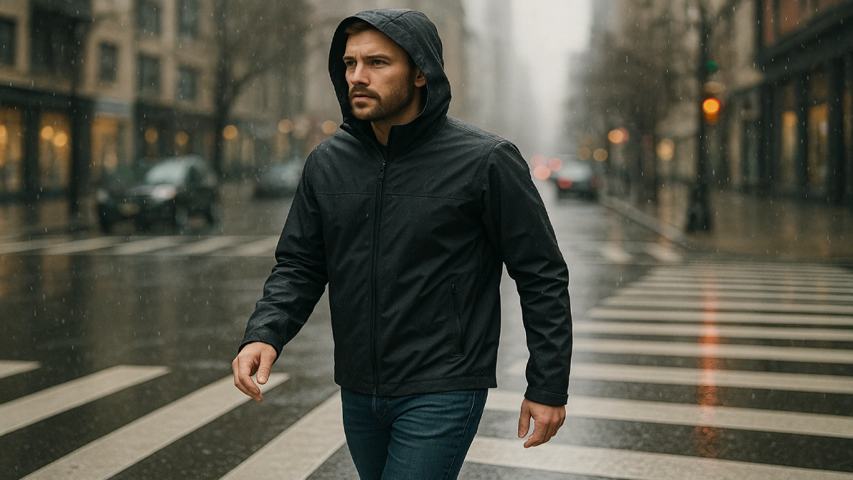 bărbat purtând geacă de ploaie neagră în oraș, traversând strada pe vreme ploioasă