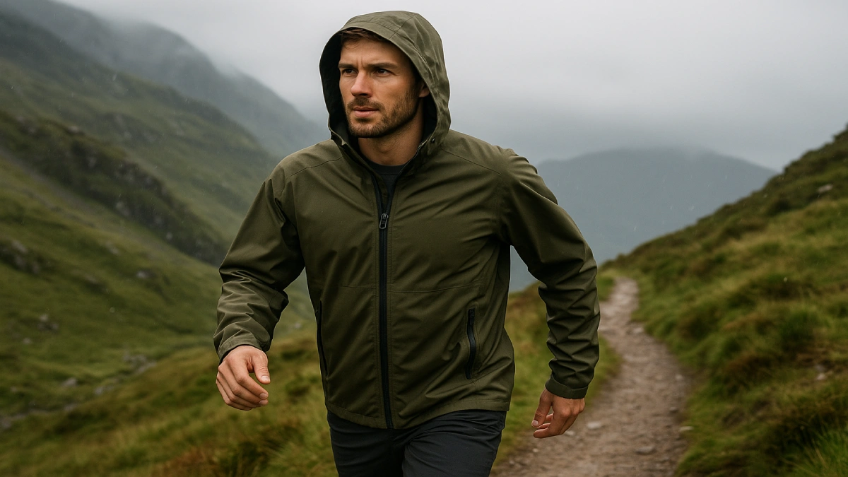 bărbat purtând geacă de ploaie olive în drumeție montană pe vreme ploioasă