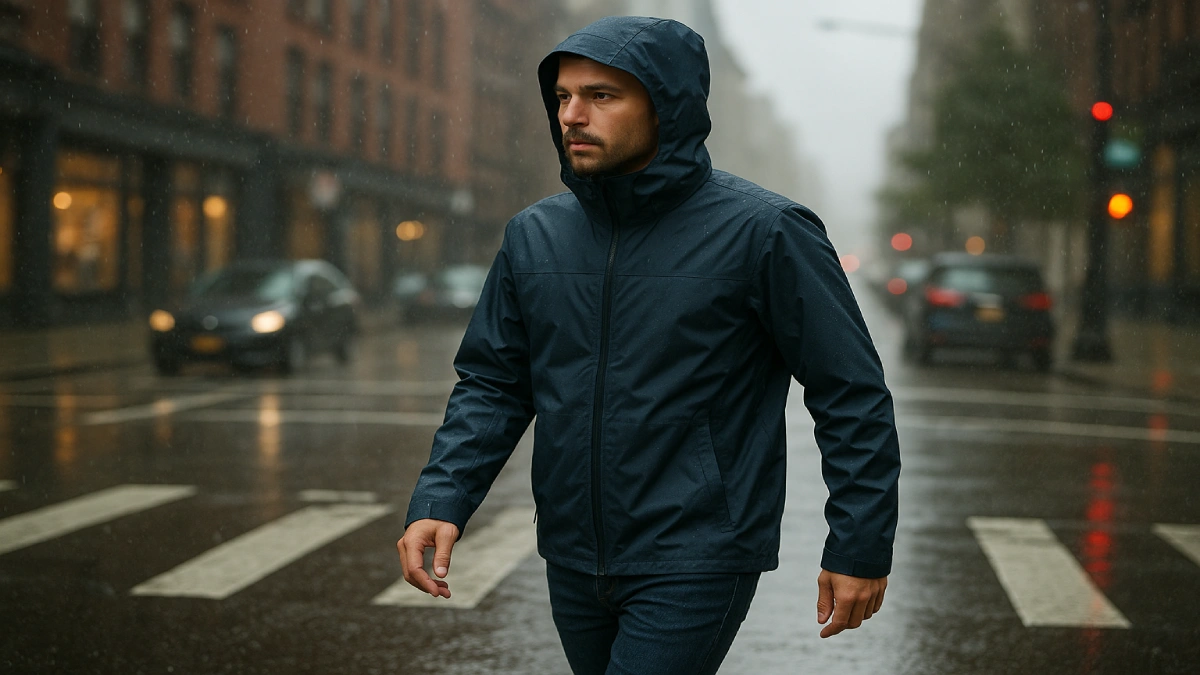 bărbat purtând geacă de ploaie pentru bărbați în oraș, pe vreme ploioasă