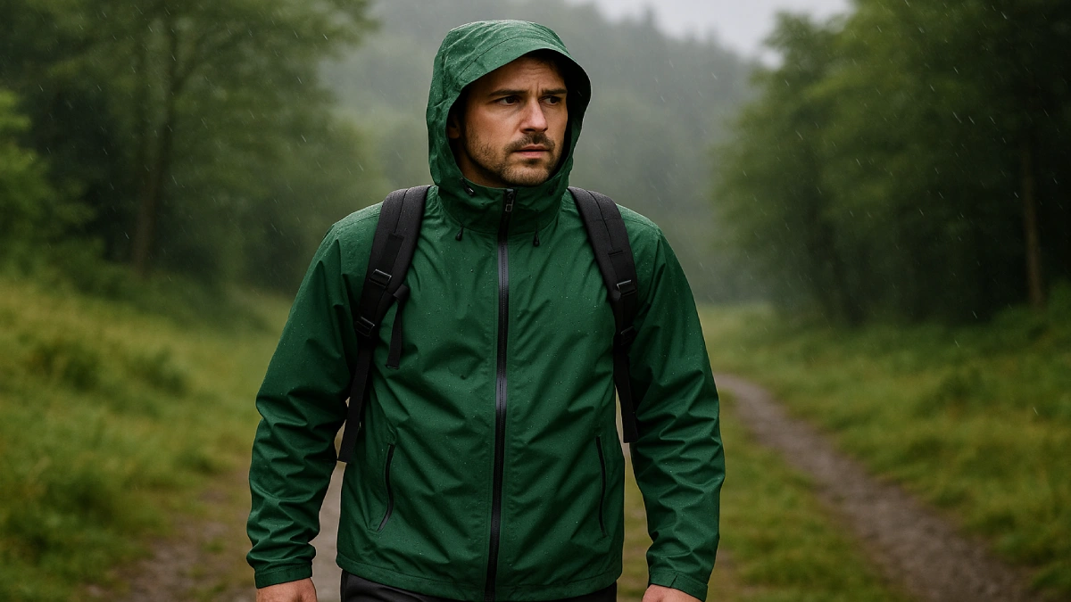 bărbat purtând geacă de ploaie verde cu glugă în drumeție prin pădure, pe ploaie