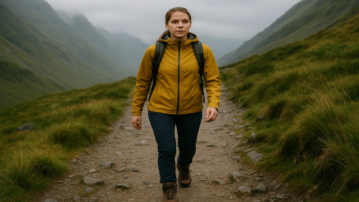 femeie purtând bocanci de drumeție pe traseu montan