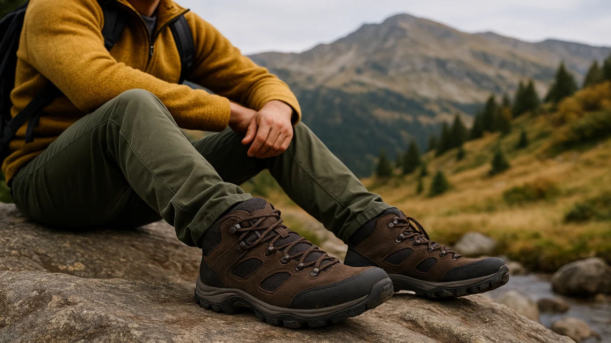 Ghete de drumeție confortabile purtate de un drumeț aflat în pauză pe un traseu montan.