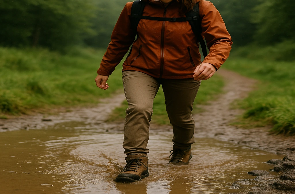 ghete de drumeție pentru femei traversând noroi și apă pe potecă