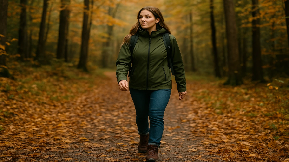 femeie purtând ghete de drumeție pe potecă de pădure, toamna