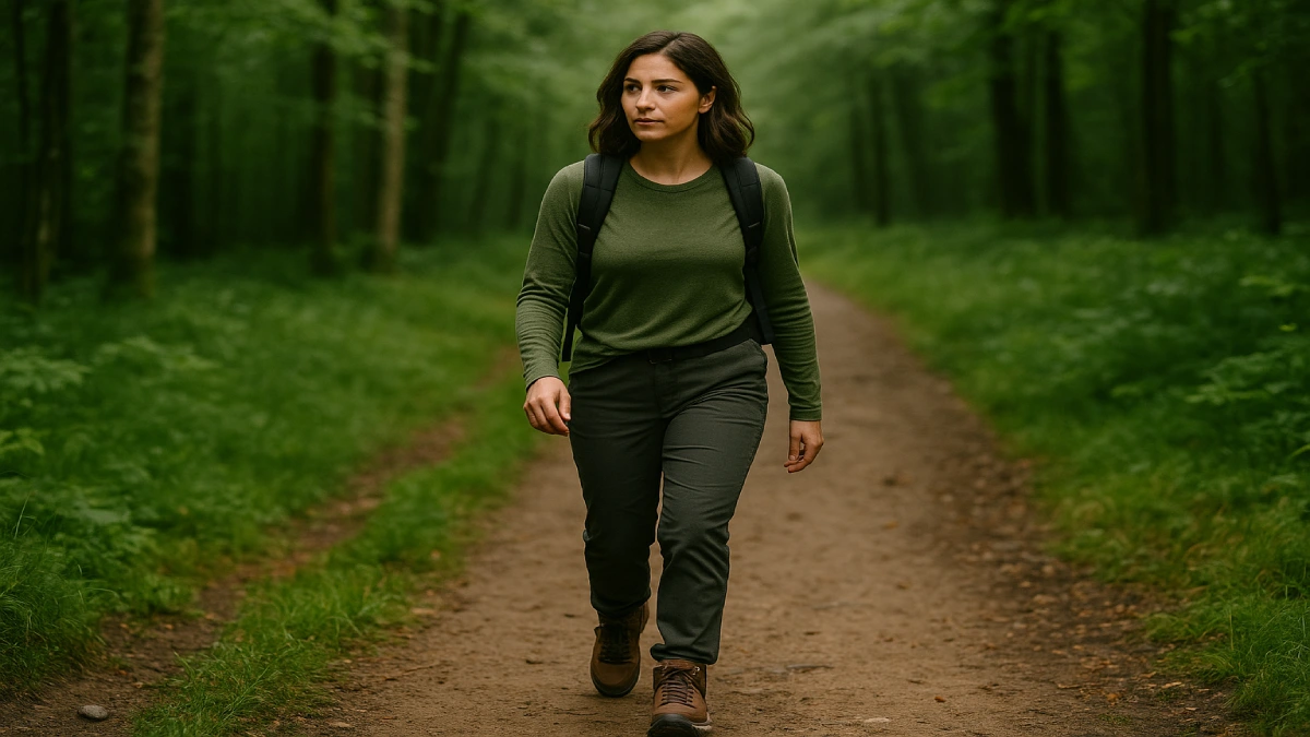 femeie purtând ghete de drumeție pe potecă de pădure, în timpul unei drumeții