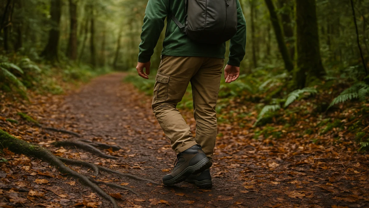 Drumeț pe un traseu de pădure acoperit cu frunze, purtând ghete de drumeție robuste pentru teren alunecos.