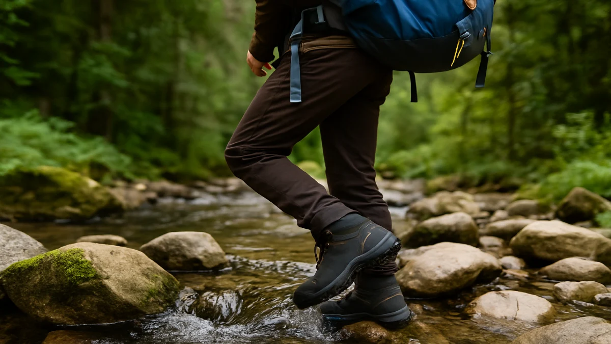 Ghete de drumeție impermeabile purtate de un drumeț care traversează un pârâu pe pietre.