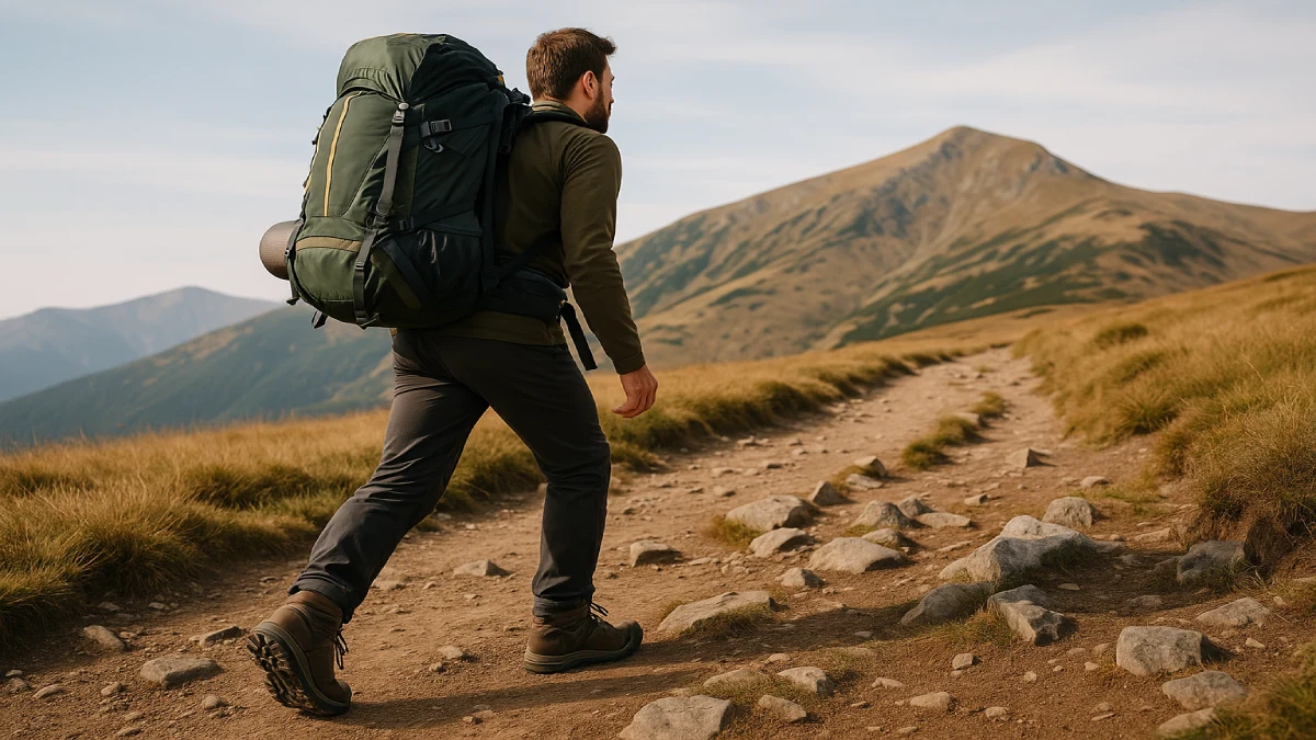 Drumeț cu rucsac mare parcurgând un traseu montan, purtând ghete de drumeție pe teren pietros.