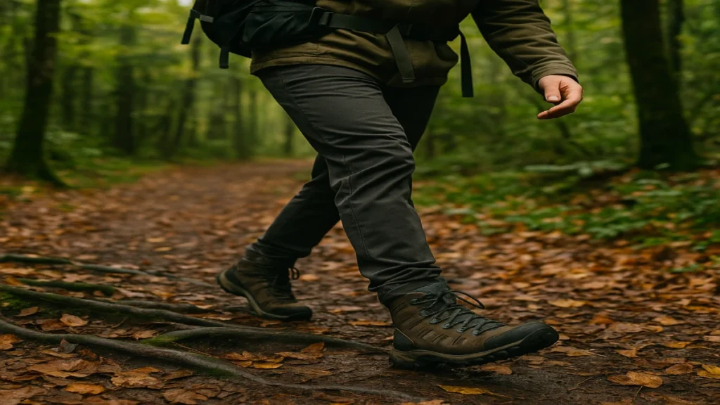 Drumeț mergând pe un traseu de pădure, purtând ghete de drumeție robuste, potrivite pentru teren umed și denivelat.