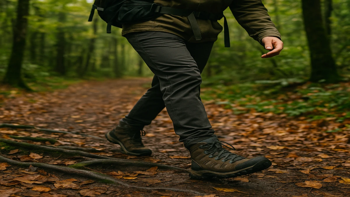 Drumeț mergând pe un traseu de pădure, purtând ghete de drumeție robuste, potrivite pentru teren umed și denivelat.