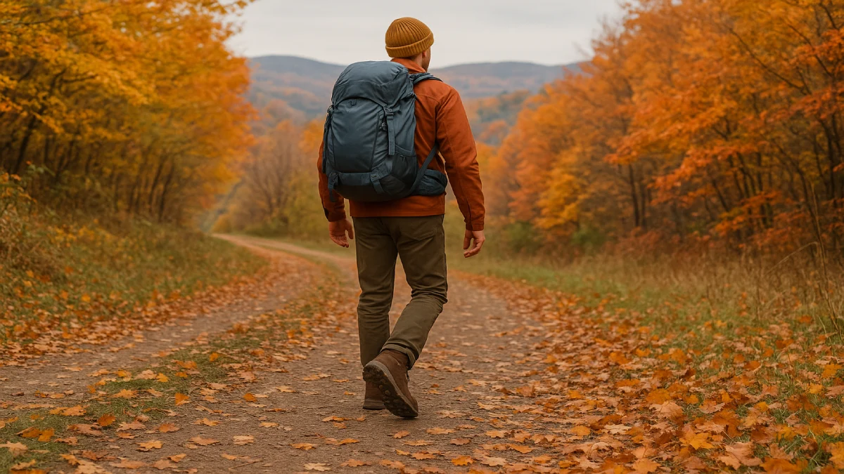 Drumeț echipat cu rucsac parcurgând un traseu de toamnă, purtând ghete de drumeție pe drum acoperit cu frunze.
