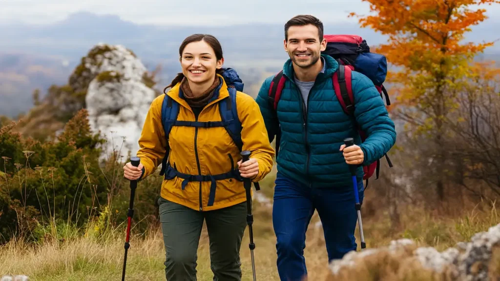 Cuplu de drumeți urcând un traseu montan folosind bețe de trekking