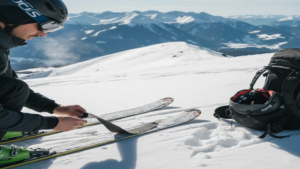 Schior care îndepărtează pieile de focă de pe schiurile de tură înainte de coborâre