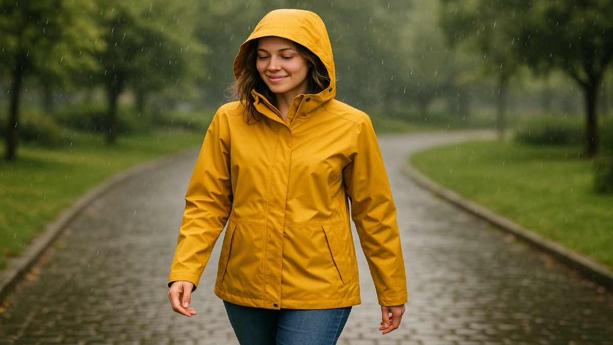Femeie purtând o jachetă de ploaie de damă confortabilă, într-o plimbare pe ploaie ușoară, pe alee din parc