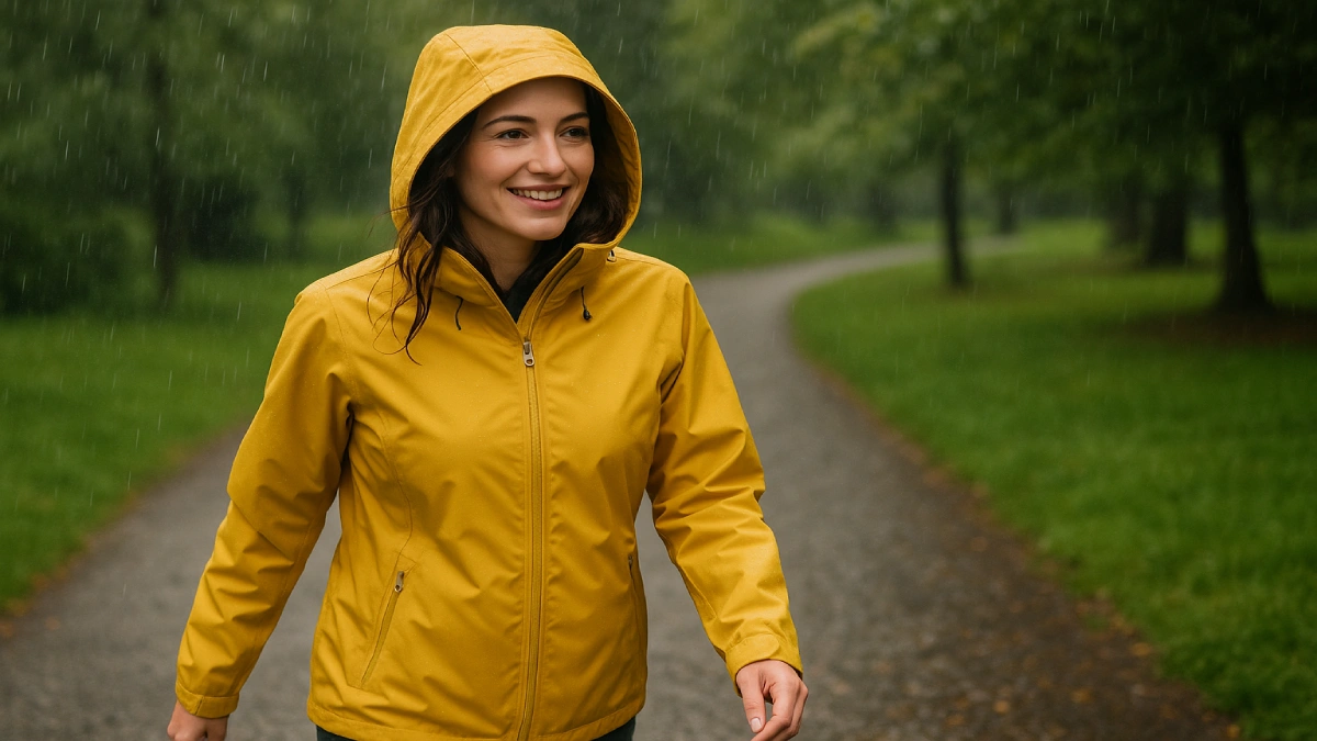 Femeie purtând o jachetă de ploaie de damă cu glugă, impermeabilă, în timpul unei plimbări pe alee, pe vreme ploioasă